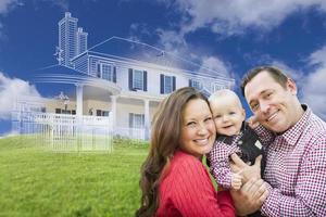 Happy Family with Ghosted House Drawing Behind photo