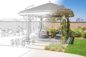 Beautiful Pergola Patio Cover Drawing Transitioning to Photo Reality.