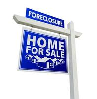 Blue Foreclosure Home For Sale Real Estate Sign on White photo