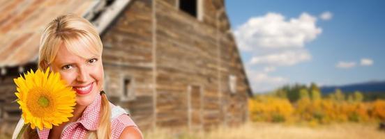 hermosa joven caucásica sosteniendo girasol frente a un granero rústico en el campo. foto