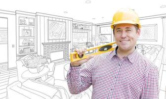 Contractor in Hard Hat Over Custom Living Room Drawing photo