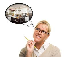 Woman with Thought Bubbles of a New Kitchen Design photo