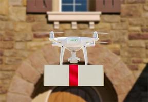 Drone Delivering Red Ribbon Wrapped Package to House Porch photo