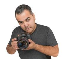 Handsome Hispanic Young Male With DSLR Camera Isolated on a White Background. photo