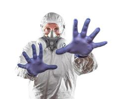 Man Wearing Hazmat Suit Reaching Out With Hands Isolated On White photo