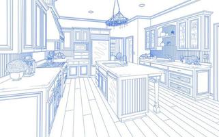 Blue Custom Kitchen Design Drawing on White photo