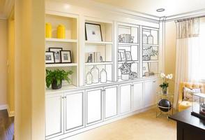 Custom Built-in Shelves and Cabinets Design Drawing Gradating to Finished Photo