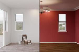 3D Illustration of Unfinished Raw and Newly Remodeled Room of House Before and After with Wood Floors, Moulding, Dark Red Paint and Ceiling Lights. photo