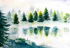 Hand drawn watercolor woods and lake ladscape. Watercolor landscape with pine trees. vector