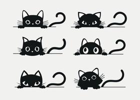conjunto de gatos negros mirando por la ventana. colección de gatos de dibujos animados aislados vector