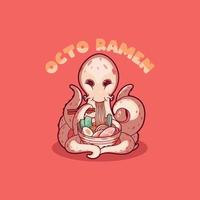 Octopus character eating ramen with chopsticks vector illustration. Food, funny, brand design concept.