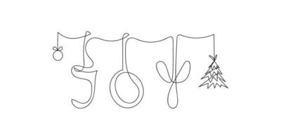 Garland with Christmas ball, letters, spruce tree drawn in one line. Word JOY. Holiday decoration. Vector illustration in doodle style.