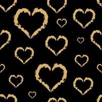 Gold hearts with grunge texture, seamless pattern. Black background. Vector illustration in retro style for wrapping paper, package gift.