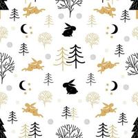 Rabbits, plants, forest, seamless pattern on the white background. Design for Chinese New Year, Easter, Valentines Day. Cute vector illustration.