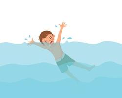 Cute little boy drowning in the swimming pool waving hands calling for help vector