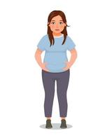 mujer joven con sobrepeso tocando su vientre gordo con la esperanza de perder peso vector