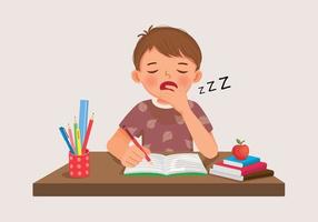 cute little boy yawning feeling sleepy while studying doing homework on the desk vector