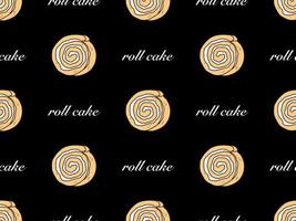 Roll cake cartoon character seamless pattern on black background vector