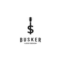 diseño de logotipo de músico callejero en un fondo aislado, símbolo de dólar combinado con el concepto de logotipo de cuello de guitarra vector