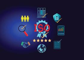 negocio certificado iso, proceso de certificación y estandarización de conformidad con las normas internacionales y el concepto de garantía de calidad. vector