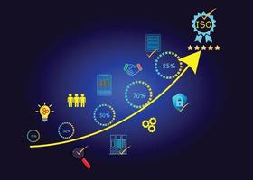 negocio certificado iso, proceso de certificación y estandarización de conformidad con las normas internacionales y el concepto de garantía de calidad. vector