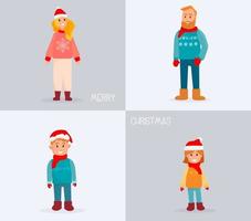 personajes familiares con ropa navideña, padres de dibujos animados con niños. tarjeta de feliz navidad vector