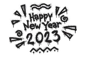 Happy 2023 New Year. Spray painted graffiti in black over white. Drops of sprayed happy new year words. isolated on white background. vector illustration