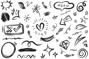 Abstract arrows, ribbons, fireworks, hearts, lightning,love , leaf, stars, cone, crowns and other elements in a hand drawn style for concept designs. Scribble illustration. vector