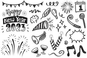 Hand drawn set elements, abstract arrows, ribbons, fireworks, celebrating new year, trumpets, hearts, stars, crowns and other elements in a hand drawn style for concept design. Scribble illustrat vector