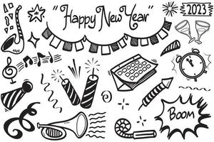 Hand drawn set elements, abstract arrows, ribbons, fireworks, celebrating new year, trumpets, hearts, stars, crowns and other elements in a hand drawn style for concept design. Scribble illustrat vector