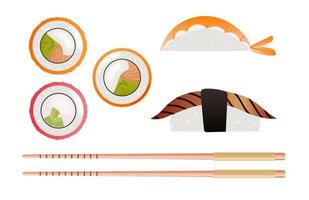 Colorful sushi and rolls set of different types and chopsticks isolated on white background. Vector illustration. Cartoon style.