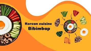 Korean food, Mixed Rice Bibimbab on white background. Illustration for restaurant menu. Top view. Vector illustration, web page template.