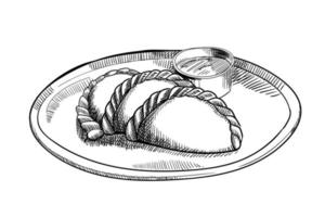 empanadas de estilo boceto dibujados a mano. Típica comida rápida latinoamericana y española. ilustración vectorial aislado sobre fondo blanco. mejor para diseños de menú, paquetes. vector