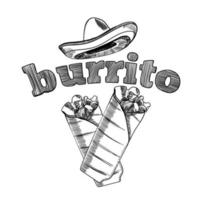 Hand drawn sketch style burrito wrap. Traditional mexican cuisine illustration. Fast food. Street food drawing. Best for restaurant menu and package design. Vector illustration.