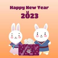 2023 Gyemyo Year New Year s rabbit character Illustration. Family of rabbits with gifts for the new year. Postcard. Vector illustration. Flat style.