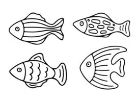 Set of doodle of cute fishes isolated on white background. Hand drawn vector illustration of underwater inhabitant. Good for childish design and coloring page book.