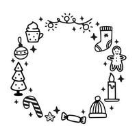 lindo marco de decoración de navidad de elementos de doodle. ilustración vectorial dibujada a mano. perfecto para diseños de vacaciones. colección de elementos navideños vector