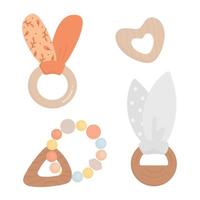Set of cute boho baby toys in Scandinavian style. Wood boho toys, cute minimal plaything for children, toy clipart, wood element for kids. Newborn essentials collection in boho style vector