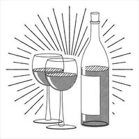 botella de vino y dos copas - ilustración de contorno vector