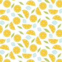 Seamless pattern with lemon slices. Fresh pattern with lemon, mint and ice. Vector illustration. Flat hand drawn style.