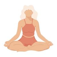 Woman in lotus position doing yoga. The girl is meditating. Vector illustration isolated on white background. Flat style.