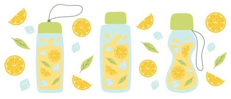 Set of bottles with lemonade. Collection of Cool lemonades with lemon slices, mint and ice. Vector illustration isolated on white background. flat style.