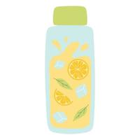 Bottle with lemonade. Cool lemonade with pieces of lemon, mint and ice. Vector illustration isolated on white background. Flat style.
