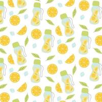 Seamless pattern with lemon slices. Fresh pattern with lemon, mint and ice. Vector illustration. Flat hand drawn style.