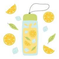 Bottle with lemonade. Cool lemonade with pieces of lemon, mint and ice. Vector illustration isolated on white background. Flat style.