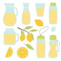 Lemonade set. Collection of jugs, glasses and bottles of lemonade. Lemonade with lemon, mint and ice. Vector illustration. Flat hand drawn style.