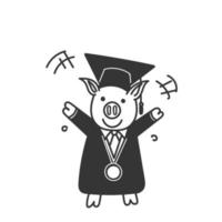 cerdito de garabato dibujado a mano en vector de ilustración de toga y sombrero de graduación