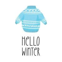 Hello winter text with blue sweater illustration isolated on white background vector