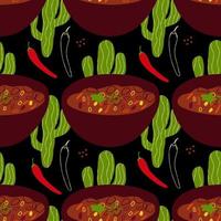 Seamless pattern with illustration of Mexican cuisine Chili Con Carne on a black background with cactus and chili vector