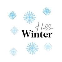 Hello winter text with stylized snowflake illustration blue color on white vector